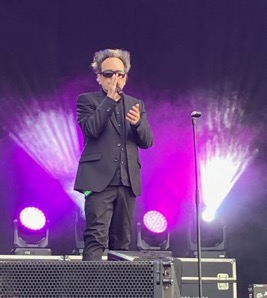 A dark-haired singer dressed in black sings on a stage and gestures towards the audience. The spotlights, which bathe the stage in purple and white light, cause light reflections in his hair that appear golden.